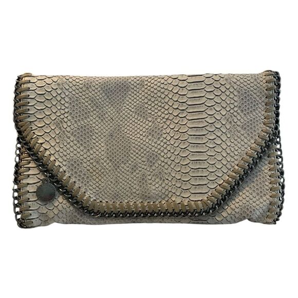 Stella McCartney Falabella Fold-Over Clutch Handbag Silver Black Vegan Python Le - Picture 1 of 11